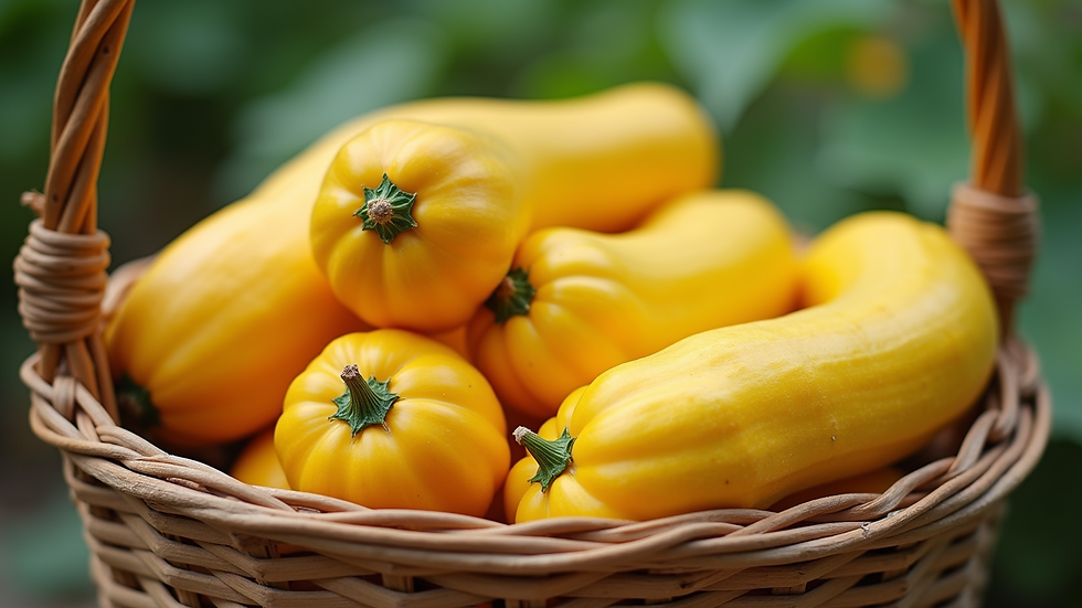 Close-up view of freshly harvested summer squash in a garden basket