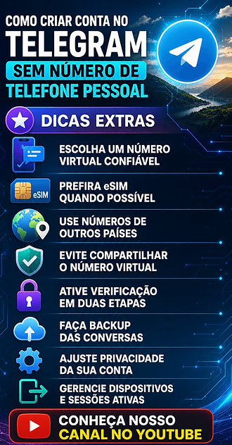 Tutorial explicando criação de conta no Telegram sem usar número pessoal.