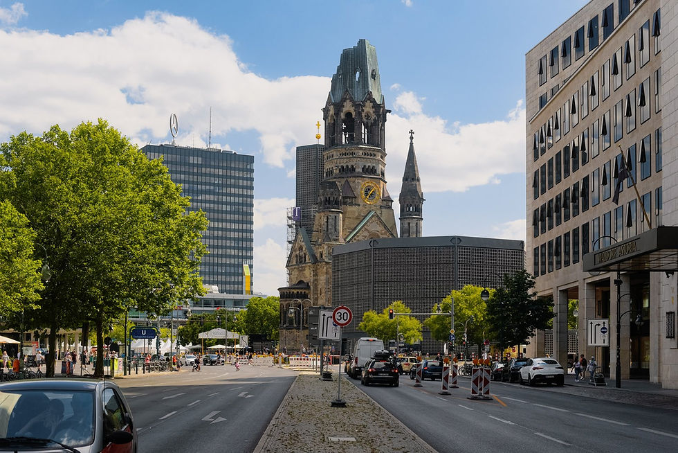 The Kaiser Wilhelm Memorial Church and the boulevard at Breitscheidplatz in Berlin