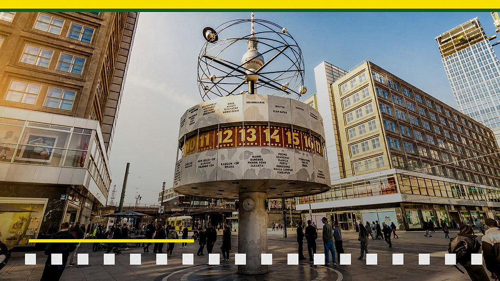 World Time Clock at Alexanderplatz in Berlin with a film-style graphic overlay