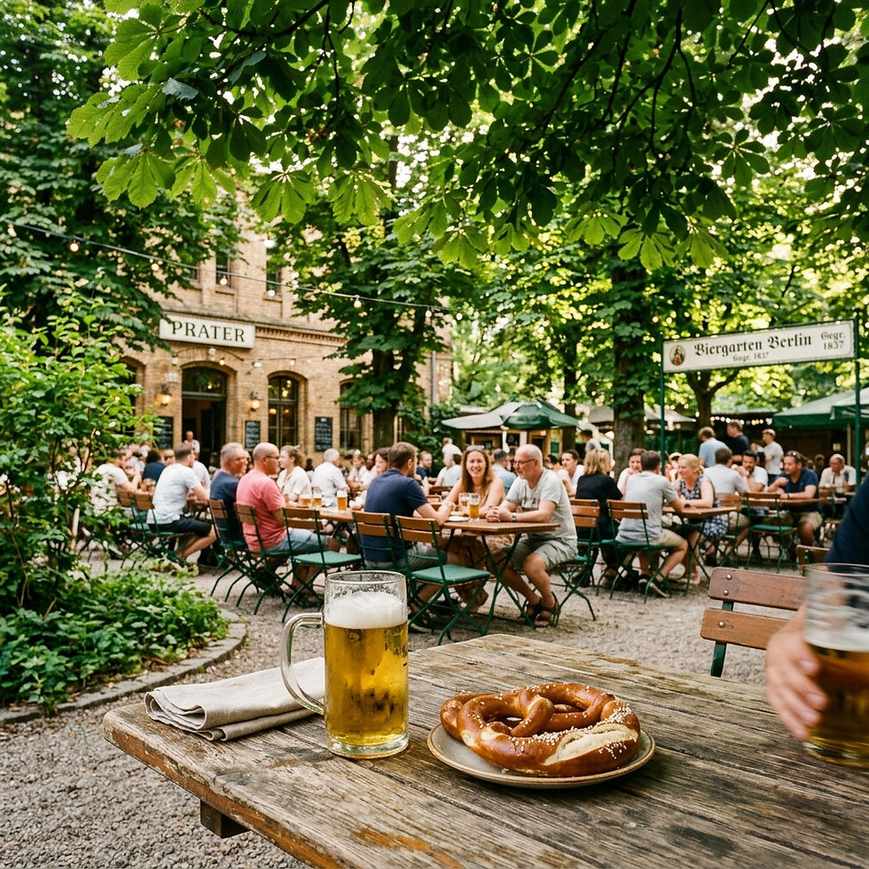 Prater Biergarten with cozy outdoor seating and yellow chairs under leafy green chestnut trees