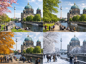 Four images of a riverside cathedral with people in spring, summer, autumn, and winter scenes. Trees change colors; snow in winter.