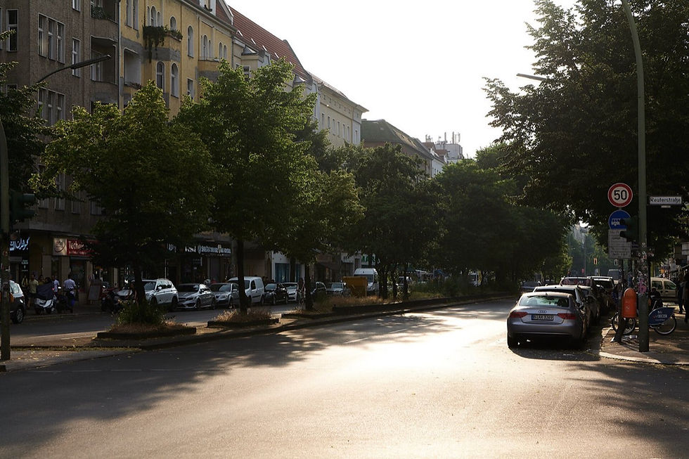 The tree-lined Sonnenallee in Neukölln, Berlin, in warm evening light
