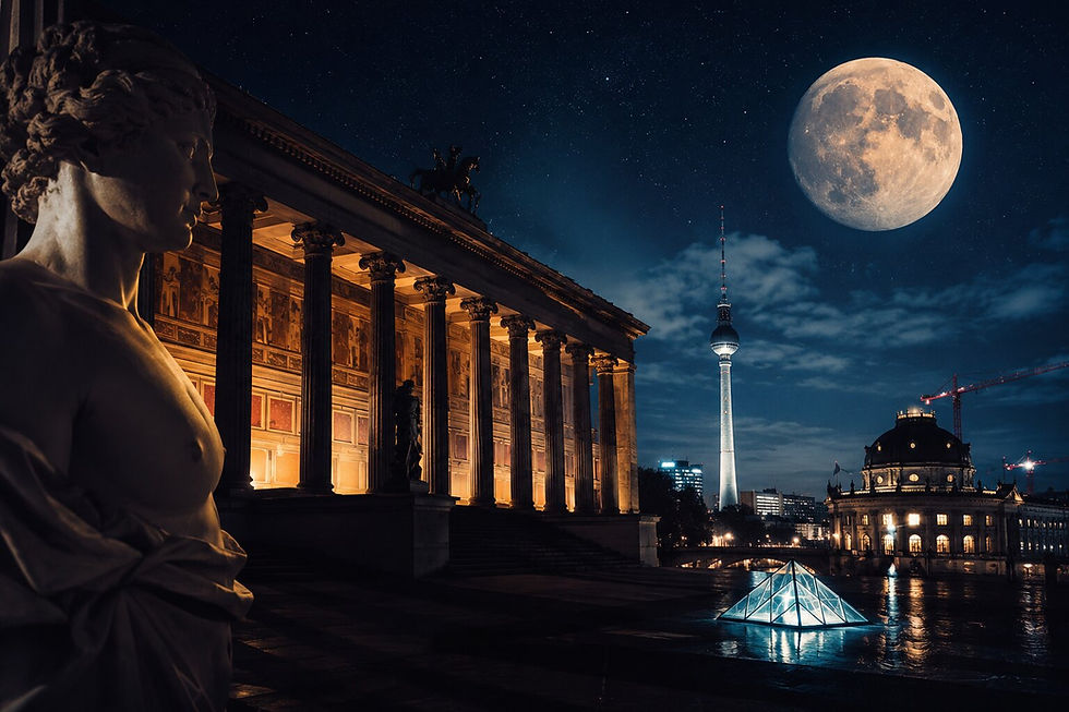 A lit classical statue and building at night, with a large moon, city skyline, and TV tower in the background beneath a starry sky.