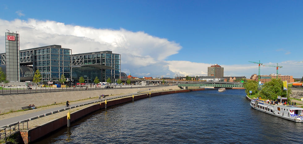 Berlin Hauptbahnhof seen from the Spree river side, with the station and waterfront in view