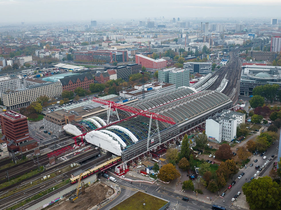 Berlin Ostbahnhof railway station seen from above, useful for east-side arrivals in Friedrichshain.
