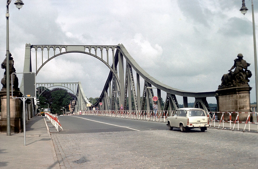 Glienicke Bridge in June 1990 with border barriers still on the roadway, the Bridge of Spies exchange site