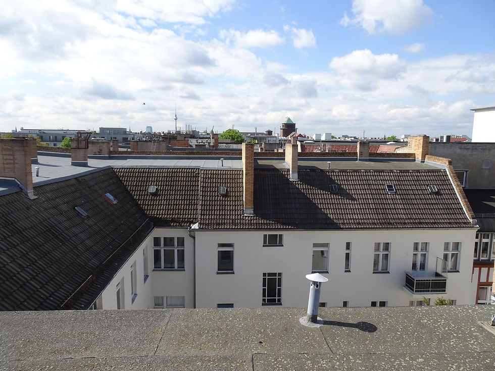 Rooftops of a Berlin block seen from a flat roof, chimneys and back buildings under a bright sky