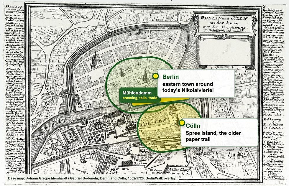 Annotated historic map showing Berlin and Cölln on opposite sides of the Spree with the Mühlendamm crossing marked