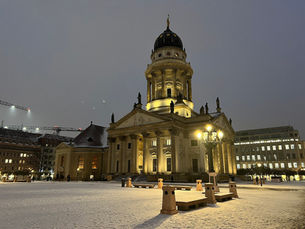 The French Cathedral on Berlin's Gendarmenmarkt square dusted with snow in February