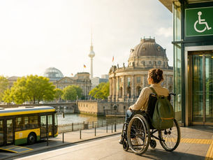 Wheelchair user beside a step-free Berlin station lift with a bus and Museum Island skyline in the background
