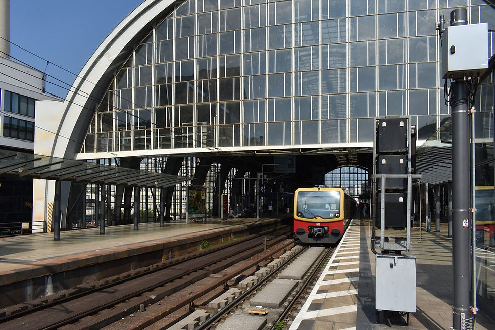 An S-Bahn train and platform at Alexanderplatz station in central Berlin.