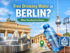 Berlin backdrop with a water fountain, hand holding a blue bottle, map with marker, and text: "Free Drinking Water in Berlin? What You Need to Know".
