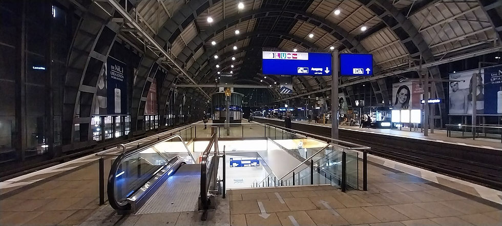 The S-Bahn platform at Alexanderplatz station in Berlin with blue wayfinding signs