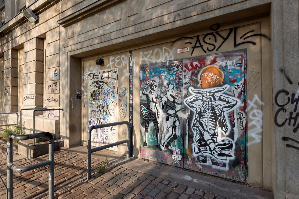 The graffiti-covered entrance area at Berghain