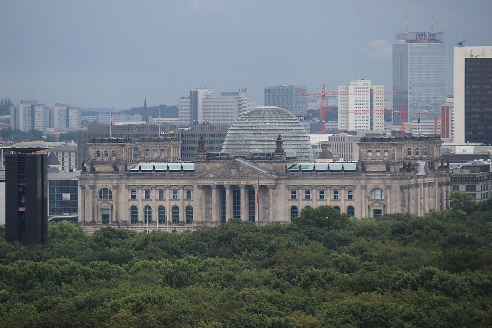 View from the Berlin Victory Column across Tiergarten toward the Reichstag and central Berlin skyline