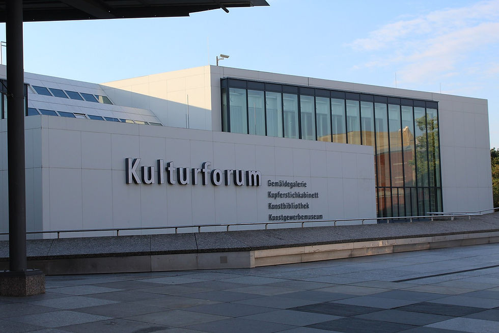 The entrance building of the Gemäldegalerie at the Kulturforum with the Kulturforum lettering in evening light