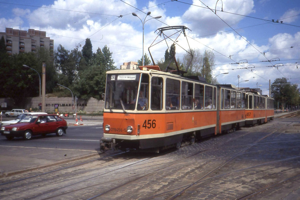An older Czech-built Tatra KT4 tram in Berlin, a workhorse of the East German network