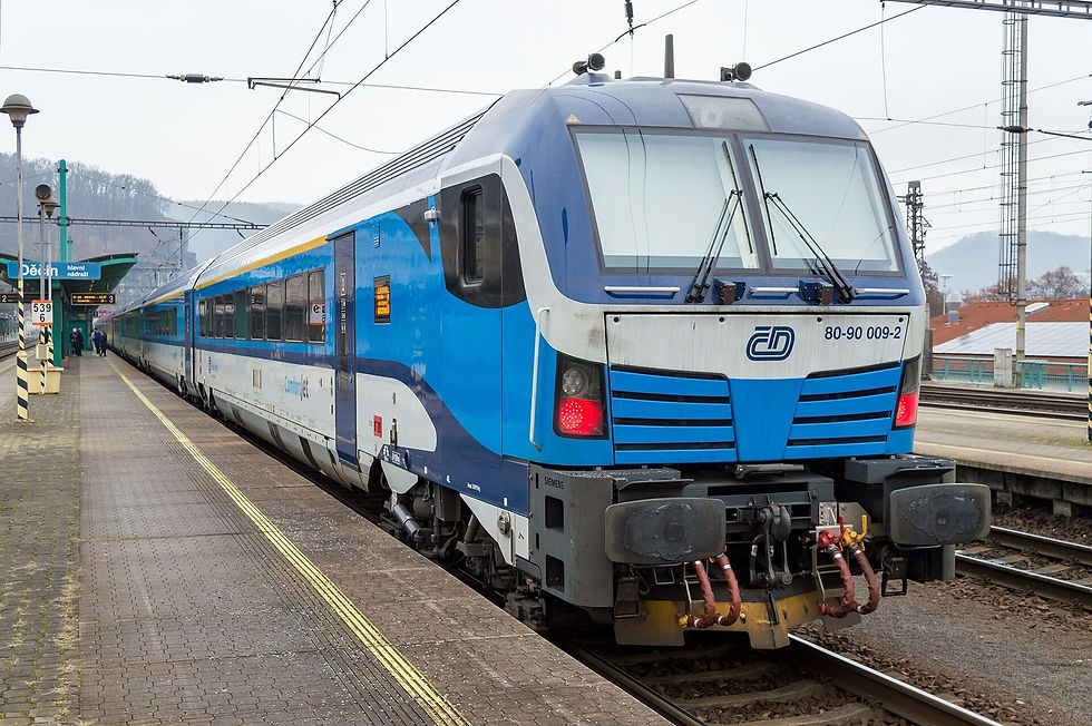 A ČD ComfortJet train standing at the platform at Děčín, the first Czech stop on the Berlin to Prague line