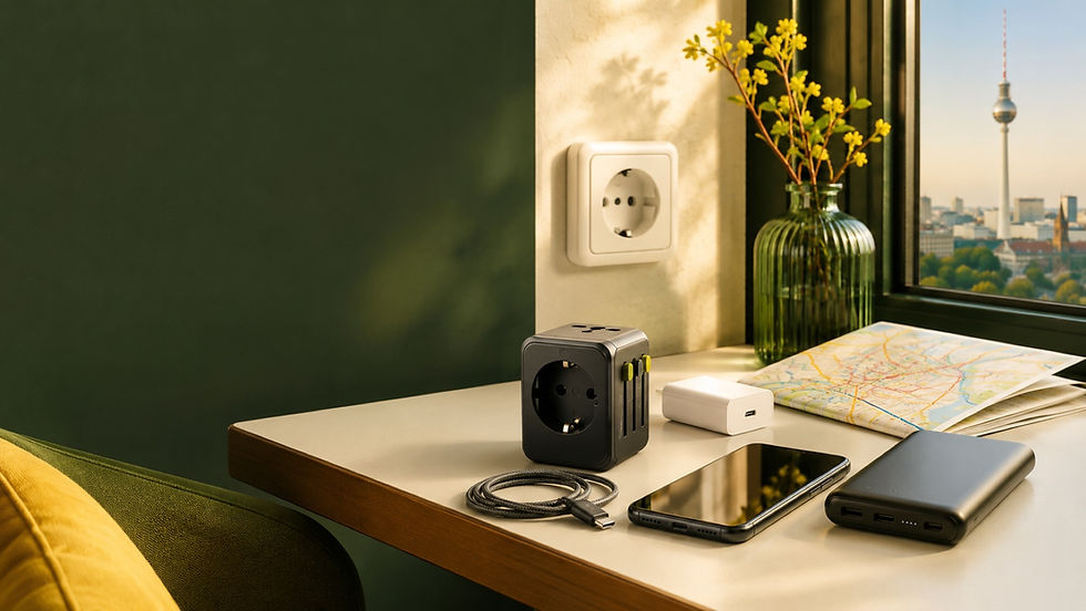Berlin hotel desk with a Type F wall socket, travel plug adapter, phone, charger and power bank