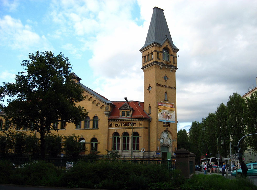 The yellow-brick tower of the Kulturbrauerei, a former Prenzlauer Berg brewery now used as a cultural centre, with its Restaurant wing