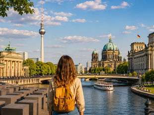 Woman with backpack overlooks Berlin landmarks: Brandenburg Gate, TV Tower, and Berlin Cathedral. Blue sky, sunny day, relaxed mood.