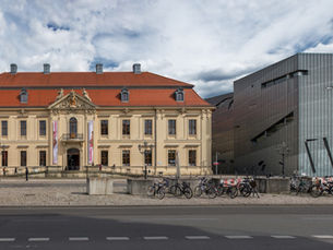 Baroque Old Building and zinc-clad Libeskind Building of the Jewish Museum Berlin seen from Lindenstrasse.