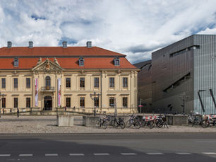 Baroque Old Building and zinc-clad Libeskind Building of the Jewish Museum Berlin seen from Lindenstrasse.