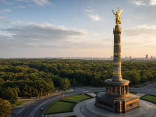 Golden Victory Column rising above Tiergarten and Großer Stern in Berlin at warm evening light