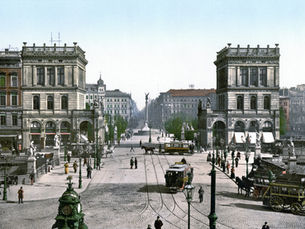 A colour photochrom looking through Hallesches Tor toward Belle-Alliance-Platz around 1900