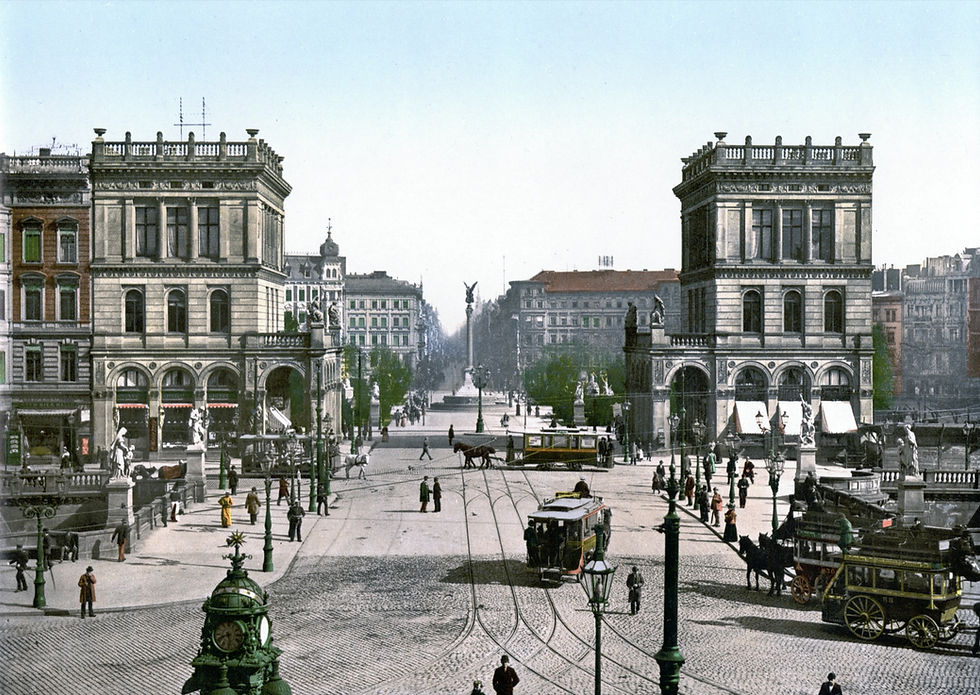 A colour photochrom looking through Hallesches Tor toward Belle-Alliance-Platz around 1900