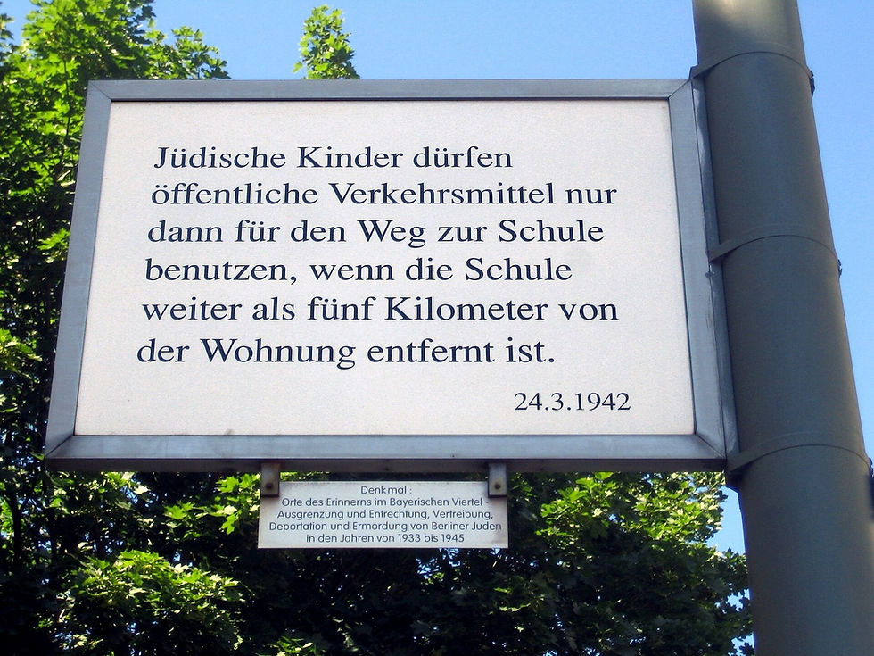 An Orte des Erinnerns sign in the Bayerisches Viertel showing the 1942 decree restricting Jewish children's use of public transport