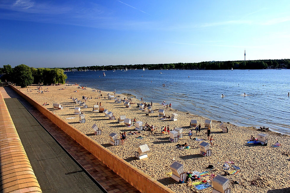 Strandbad Wannsee lido in Berlin with its historic beach buildings on a summer day