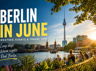 Berlin skyline with TV Tower at sunset. People sit by the river. Text: Berlin in June. Weather, Events & Travel Tips. Real Berlin.