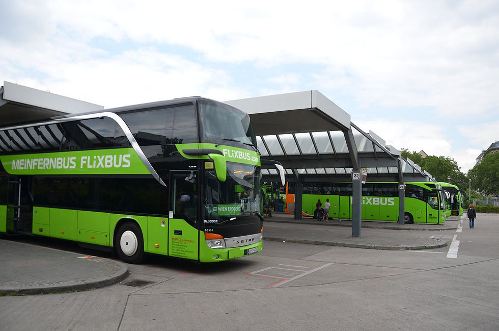 Row of green long-distance coaches waiting at the platforms of the Berlin central bus station