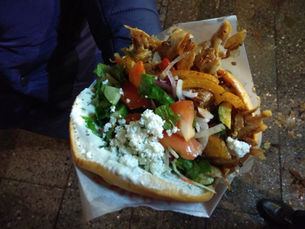 A Berlin Gemüse Kebap: chicken döner with grilled vegetables, fresh mint and feta in flatbread