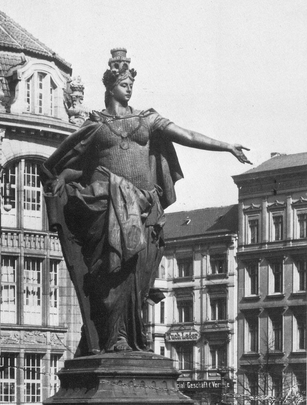 A historic photograph of the Berolina statue on Alexanderplatz around 1900.