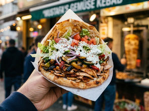 Berlin döner kebab in flatbread with grilled vegetables, chicken meat, fresh salad and garlic sauce
