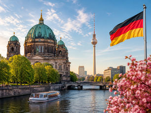 Berlin skyline with cathedral and TV tower, German flag waving, a river boat below, and pink blossoms in the foreground