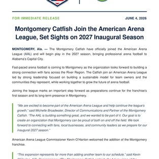 American Arena League Welcomes the Montgomery Catfish for the 2027 Season