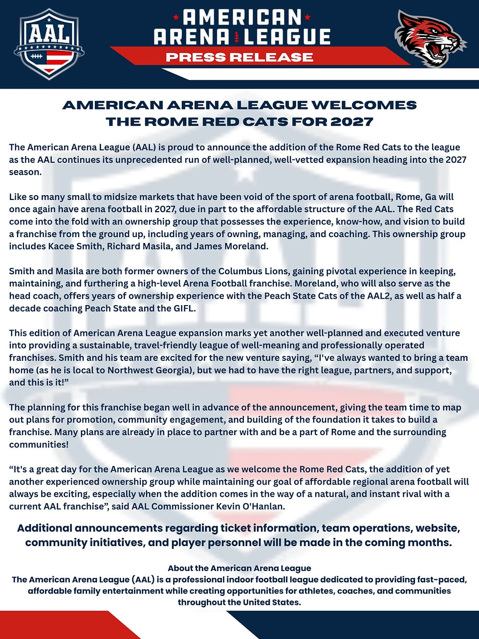 American Arena League Welcomes the Rome Red Cats for 2027