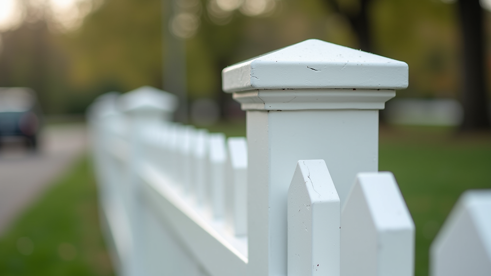Close-up view of vinyl fence post and panel with decorative cap