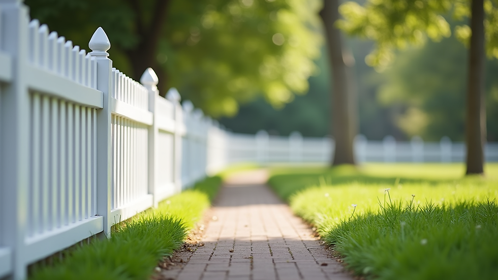 Eye-level view of white vinyl picket fence along a garden path