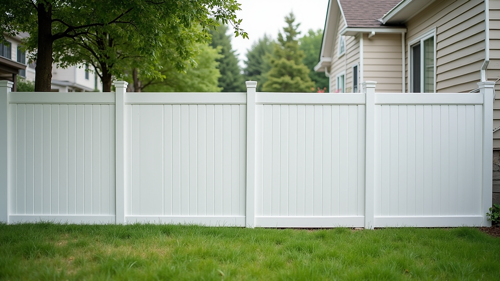 Wide angle view of a newly installed white vinyl fence in a residential backyard