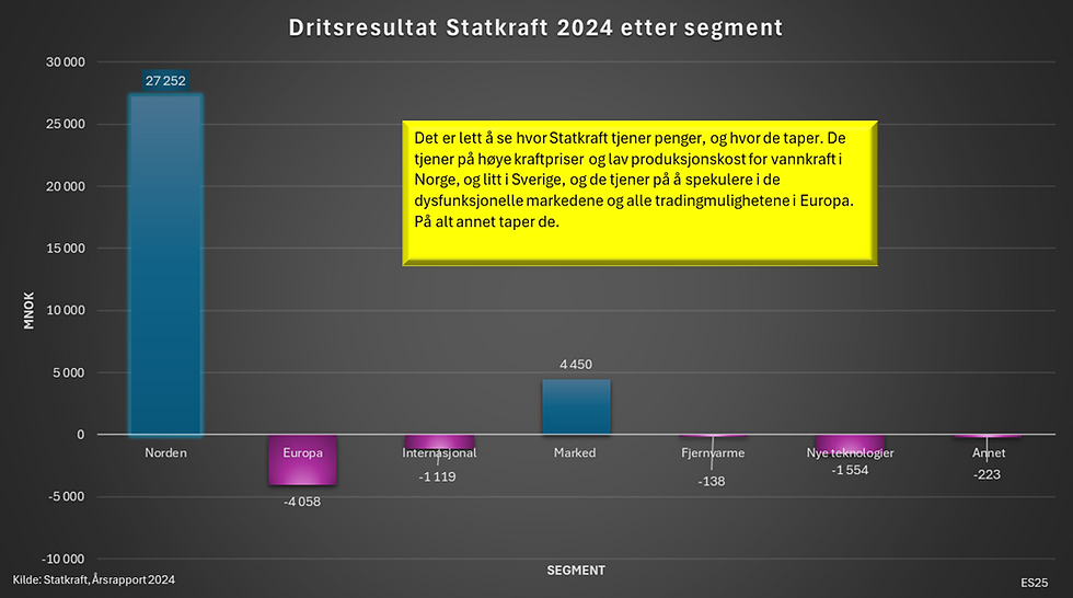 Statkraft tjener penger på kraftsalg i Norden og trading i det norske og europeiske kraftmarkedet. På den øvrige virksomheten taper de penger.