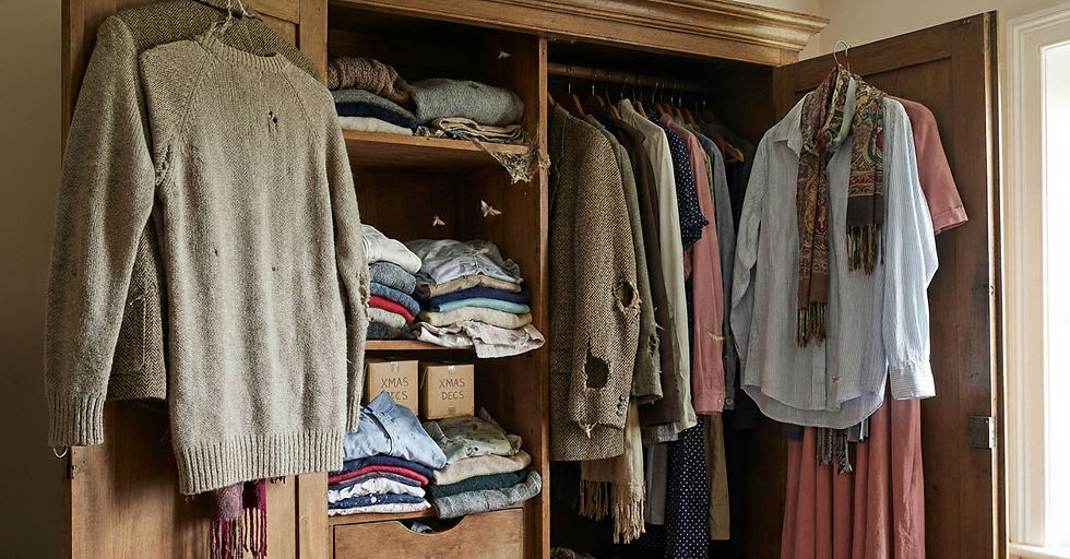 Christmas decorations in a wardrobe. The clothes are showing signs of moth damage