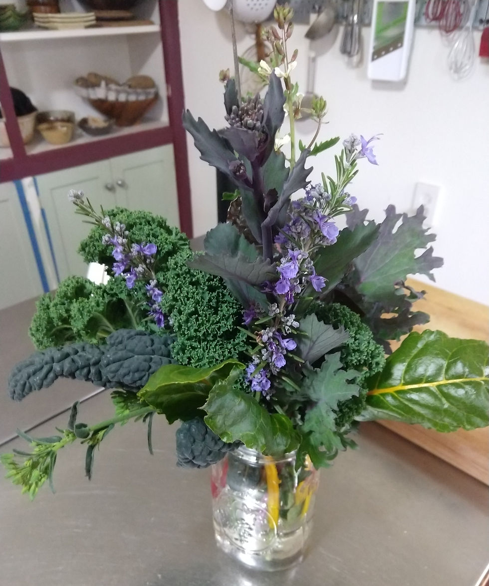 March bouquet, potatoes chitting on the shelf in the background