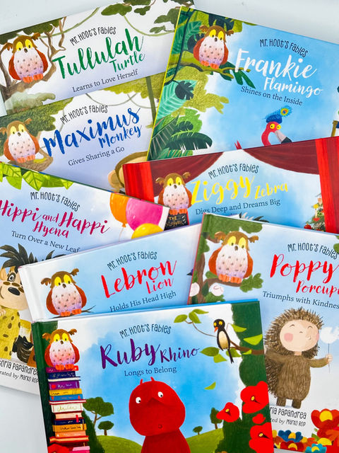 Colorful book covers from Mr. Hoot's Fables Children's Book Series 