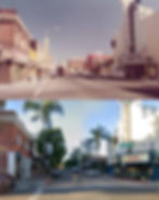 The intersection of E San Salvador St and S 1st St, Downtown San Jose, view in 1975 (top) and 2025 (bottom), showing The Studio Theater.