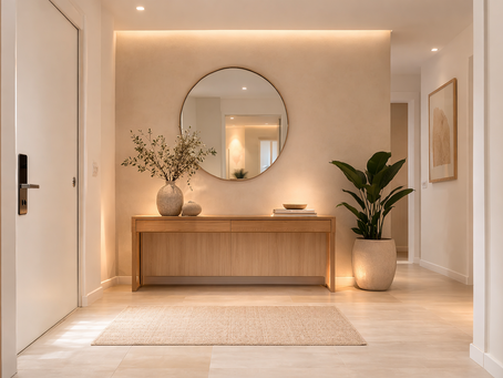 Hall de entrada preparado com Home Staging, com consola em madeira, espelho redondo, iluminação suave e decoração neutra para criar uma primeira impressão acolhedora durante a visita ao imóvel.